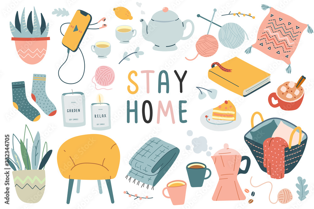 Stay home collection, indoors activities, concept of comfort and coziness, set of isolated vector illustrations, scandinavian hygge style, isolation period at home