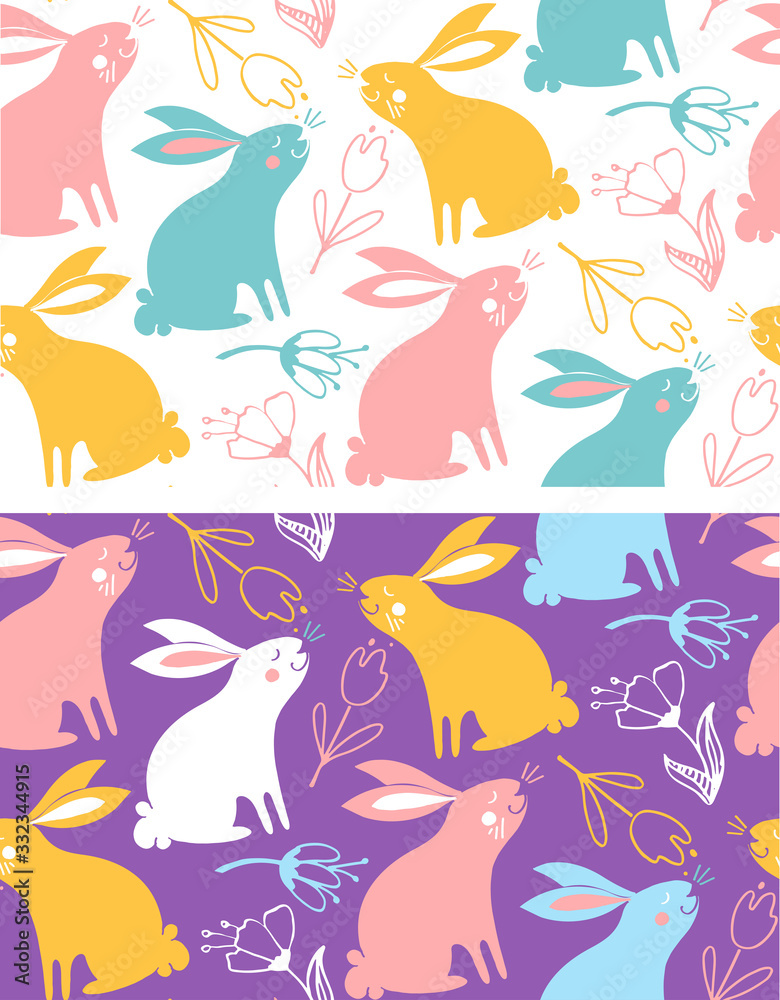 Happy easter! Hand drawn doodle pattern background fabric textile. Easter bunny, easter egg, easter holidays.