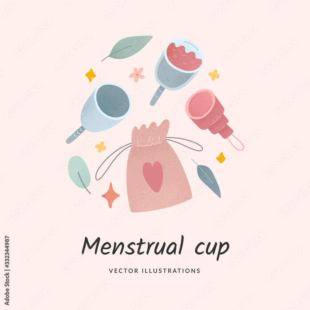 Menstrual cup set, various silicone cups for womens periods, fabric bag, reusable supplies for menses, zero waste lifestile, vector illustration arrangement, good as banner or card Menstrual cup set, various silicone cups for womens periods, fabric bag, reusable supplies for menses, zero waste lifestile, vector illustration arrangement, good as banner or card