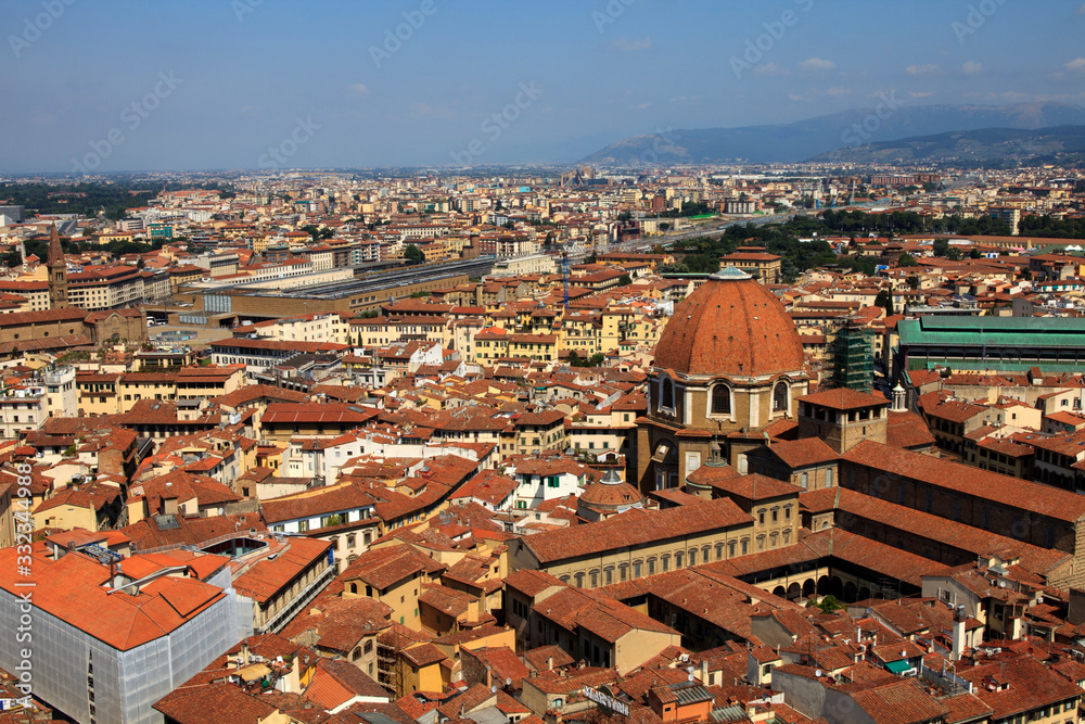 Firenze, Italy - April 21, 2017: Aerial view of the Medici Chapel and city centre, Florence, Firenze, Tuscany, Italy