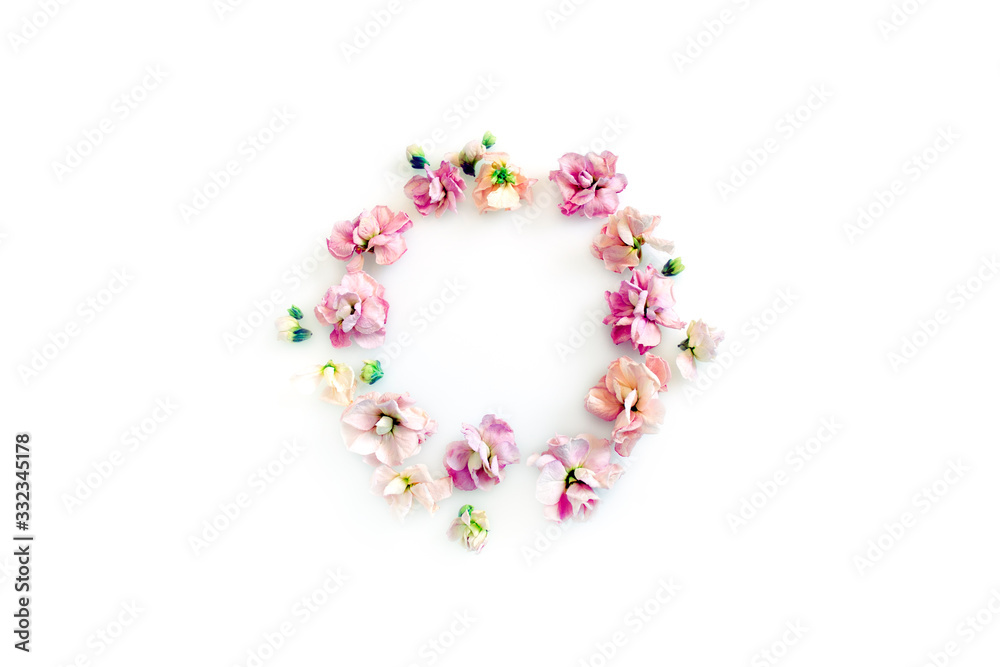 Obraz premium round frame with pink flowers and buds isolated on a light background