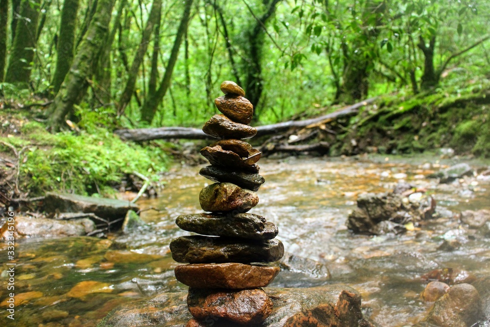 Pile of rocks/stone in a water trail in a deep forest.