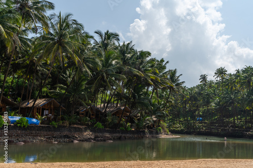 huts at the backwaters at kola beach in goa, india