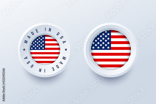 Made in USA label, sign, button, badge with United States national flag. Vector illustration in 3d style for United States producers.