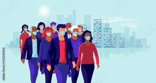 Group of people wearing protection medical face mask to protect and prevent virus, disease, flu, air pollution, contamination. Old man woman child walking. Vector illustration with city skyline.