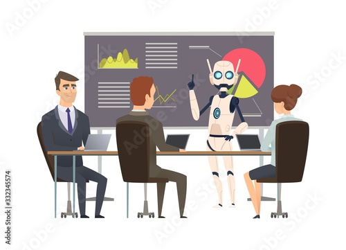 Robotization. Robot makes presentation at business training. Android coach and managers vector illustration. Robot doing presentation for business