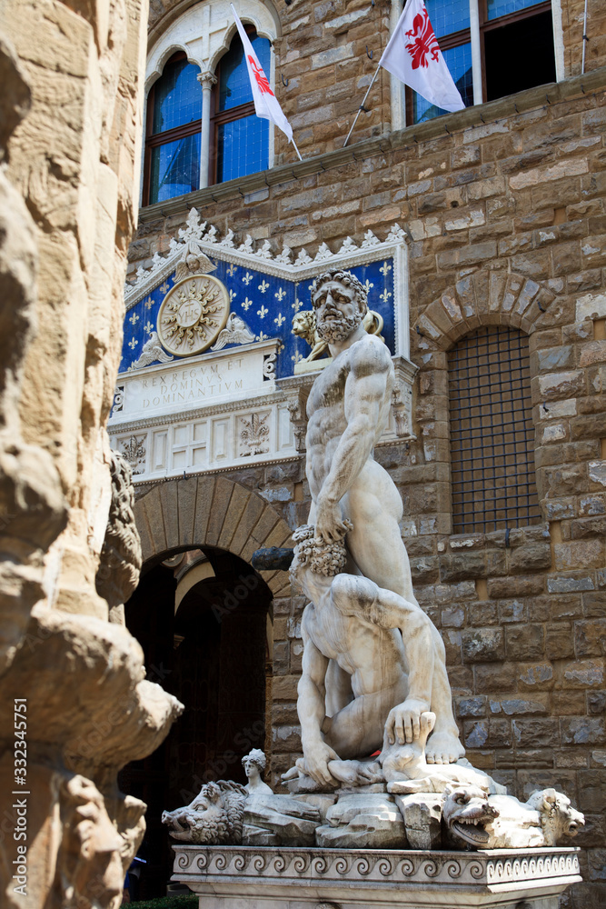 Firenze, Italy - April 21, 2017: Statue of Hercules and Cacus by Bartolommeo Bandinelli in Piazza della Signoria, Florence, Firenze, Tuscany, Italy