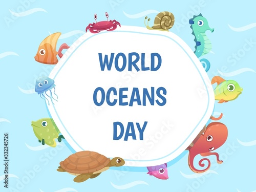 World oceans day poster. Save water background. Sea wild animals vector illustration. Sea environment world save, starfish and snail, tortoise and wildlife