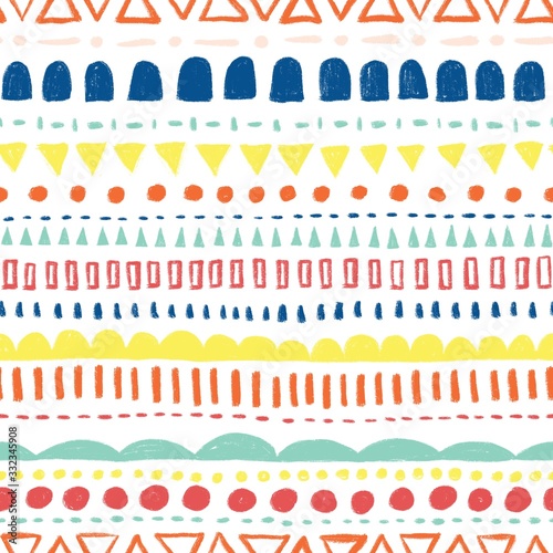 Seamless background colorful doodle scribble shapes. Kids pattern. Horizontal rows of wonky stripes, dots, triangles, curves in red orange teal blue. Childish pattern for kids fabric, decor, packaging