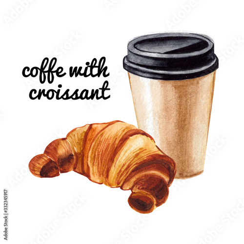 Watercolor take away coffee cup with croissant illustration isolated on white background