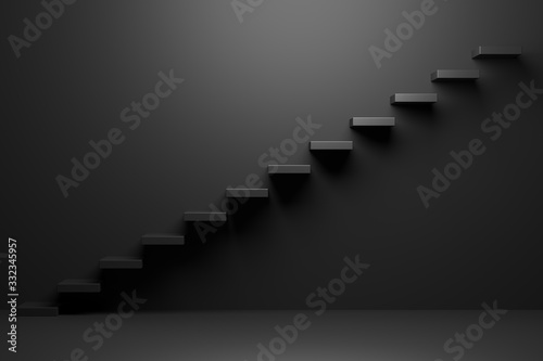Black ascending stairs in black room abstract 3D illustration
