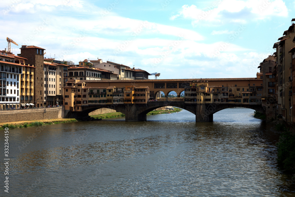 Firenze, Italy - April 21, 2017: View of Ponte Vecchio and Arno River, Florence, Firenze, Tuscany, Italy