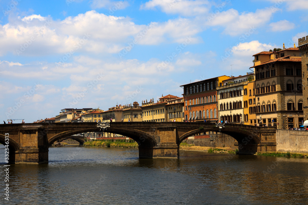 Firenze, Italy - April 21, 2017: Ponte alla Carraia and Arno river, Florence, Firenze, Tuscany, Italy