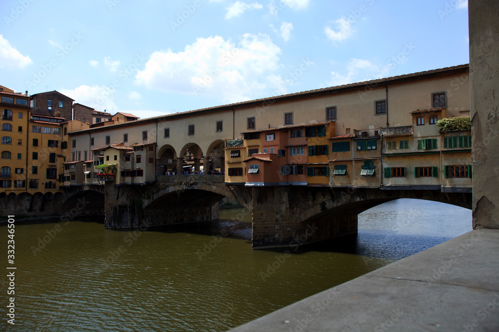 Firenze, Italy - April 21, 2017: Ponte Vecchio and Arno River, Florence, Firenze, Tuscany, Italy