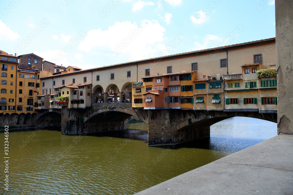 Firenze, Italy - April 21, 2017: Ponte Vecchio and Arno River, Florence, Firenze, Tuscany, Italy