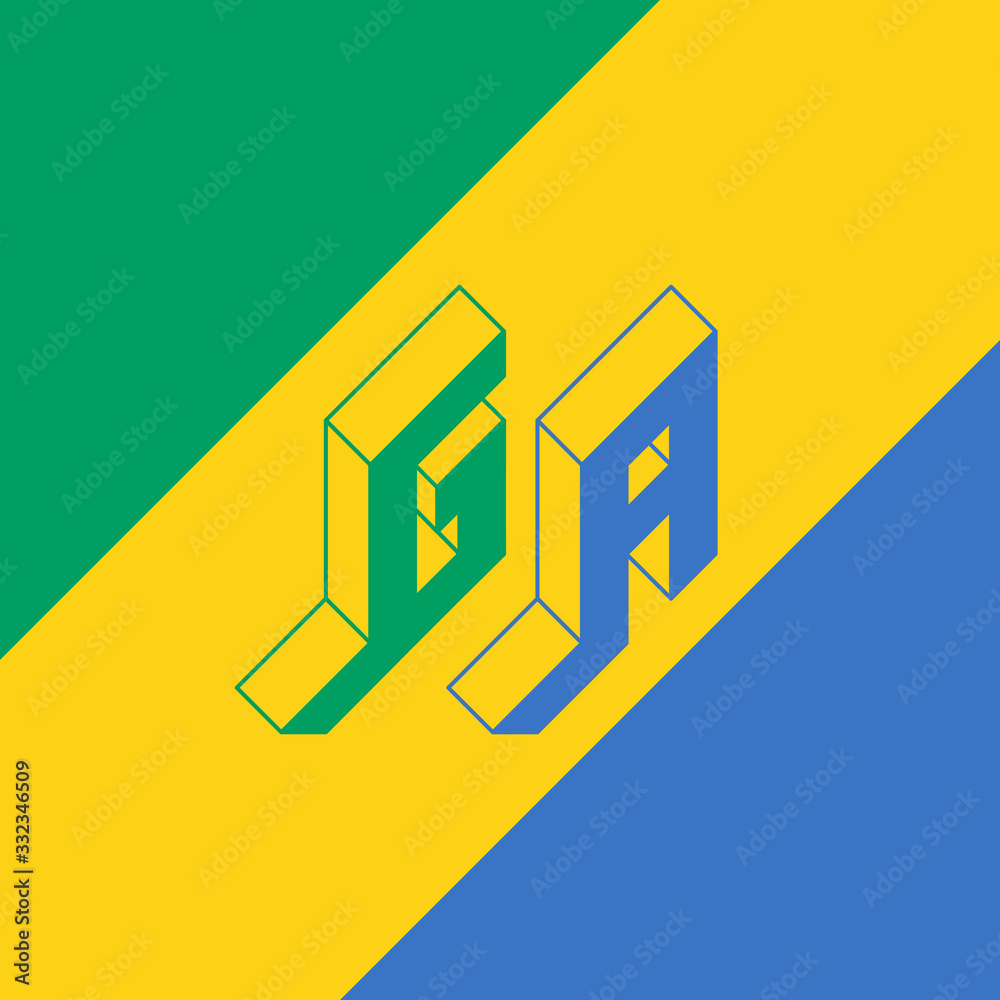 GA - international 2-letter code or National domain of Gabon. G and A - Monogram or logotype. Isometric 3d font for design. Outline fonts. Three-dimension letters. GA - international 2-letter code or National domain of Gabon. G and A - Monogram or logotype. Isometric 3d font for design. Outline fonts. Three-dimension letters.