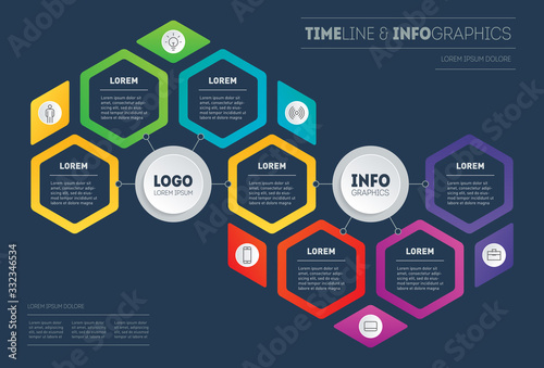 Bright, original infographics for your projects. Business presentation concept with 7 options. Brochure design template. Diagram. Info graphic of technology or education process with seven steps.