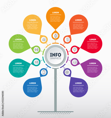 Business presentation or infographics concept with 9 options. Template of tree, chart or diagram. Info graphic of technology or education process with nine steps.