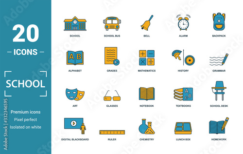 School icon set. Include creative elements school, bell, alphabet, history, art icons. Can be used for report, presentation, diagram, web design