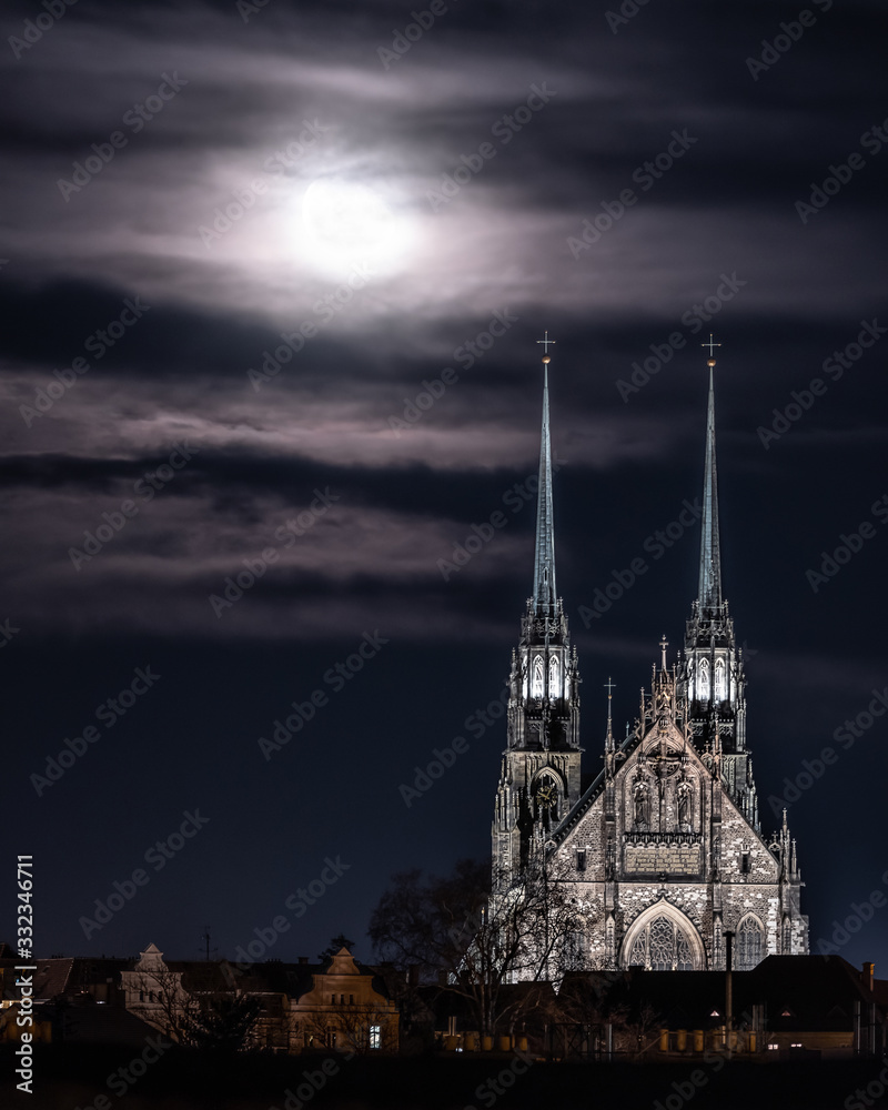Fototapeta premium Cathedral and moon in Brno