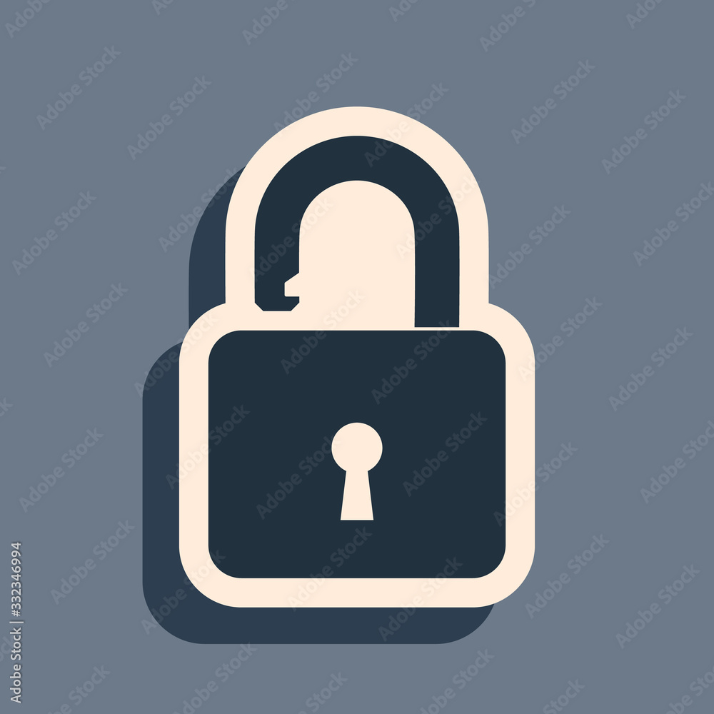 Black Open padlock icon isolated on grey background. Opened lock sign. Cyber security concept. Digital data protection. Safety safety. Long shadow style. Vector Illustration Black Open padlock icon isolated on grey background. Opened lock sign. Cyber security concept. Digital data protection. Safety safety. Long shadow style. Vector Illustration