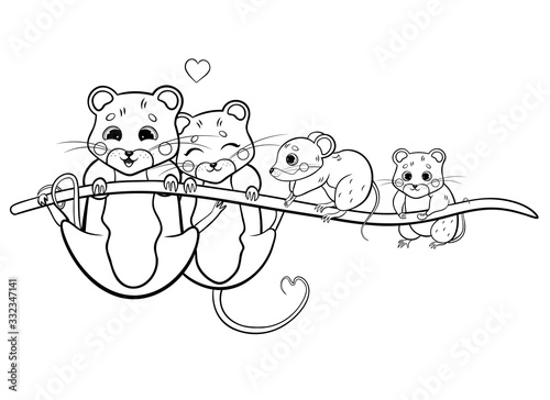 Cute cartoon vole family vector coloring page outline. Male and female voles with their little voles hanging on grass blade. Forest animals for kids. Isolated on white background