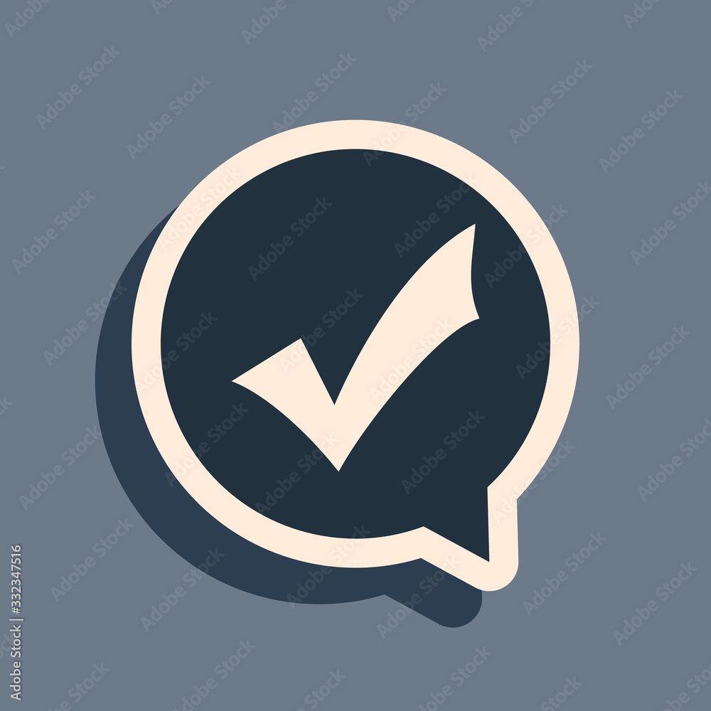 Black Check mark in circle icon isolated on grey background. Choice button sign. Checkmark symbol. Speech bubble icon. Long shadow style. Vector Illustration Black Check mark in circle icon isolated on grey background. Choice button sign. Checkmark symbol. Speech bubble icon. Long shadow style. Vector Illustration