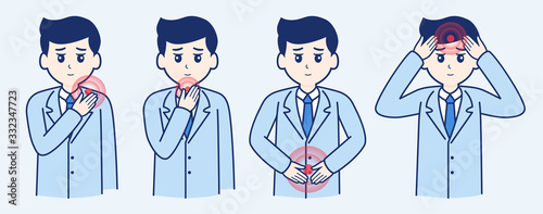 Business man in pain. Sickness man pain areas, migraine headache and stomach ache. Painful hurt zones, human feel badly and hurt.