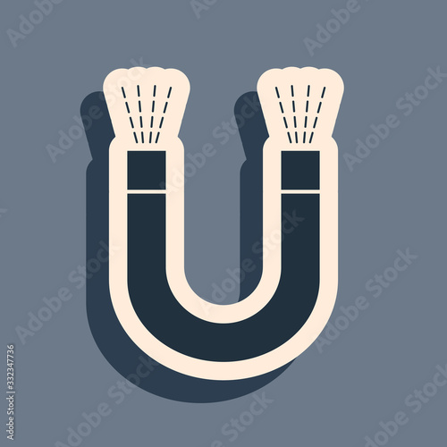 Black Magnet icon isolated on grey background. Horseshoe magnet, magnetism, magnetize, attraction. Long shadow style. Vector Illustration