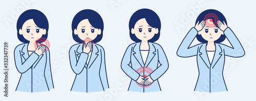 Business woman in pain. Sickness man pain areas, migraine headache and stomach ache. Painful hurt zones, human feel badly and hurt.