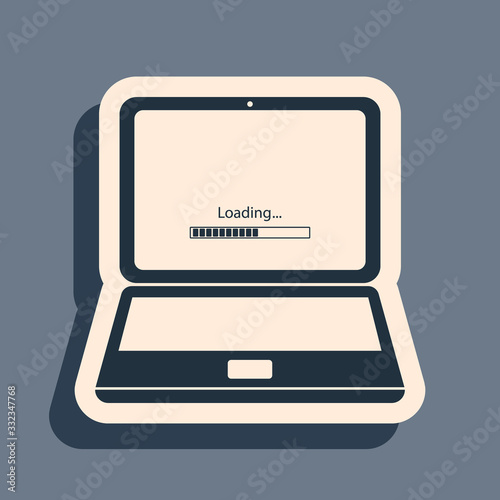 Black Laptop update process with loading bar icon isolated on grey background. System software update. Loading process in laptop screen. Long shadow style. Vector Illustration