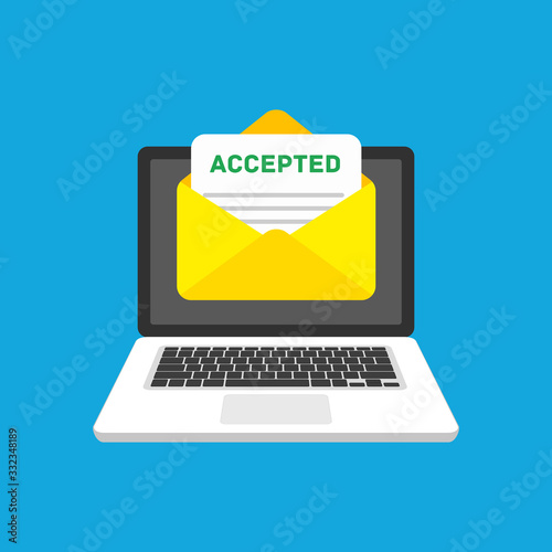 Accepted email in envelope. Laptop and Envelope with accepted header, subject line. Marketing, internet advertising concepts. Message of College acceptance admission or employment. Vector EPS 10.