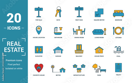 Real Estate icon set. Include creative elements for sale, rent sign, house location, living room, elevator icons. Can be used for report, presentation, diagram, web design