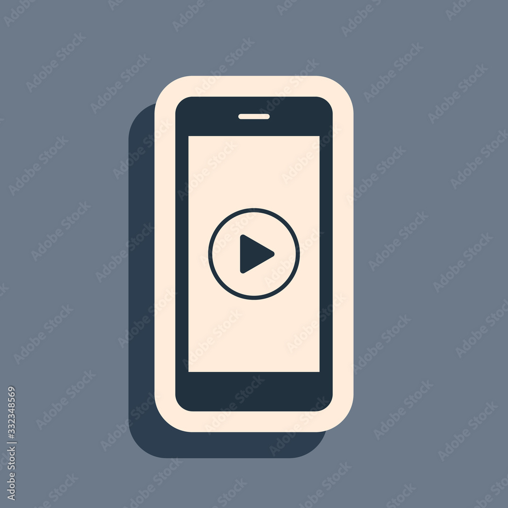 Black Smartphone with play button on the screen icon isolated on grey background. Long shadow style. Vector Illustration Black Smartphone with play button on the screen icon isolated on grey background. Long shadow style. Vector Illustration