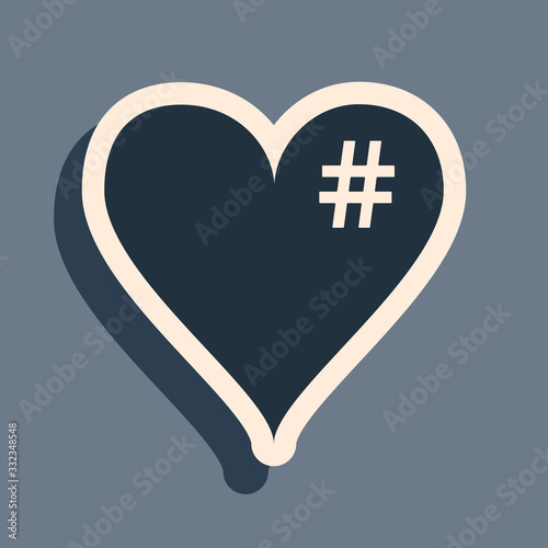 Black The hash love icon. Hashtag heart symbol icon isolated on grey background. Long shadow style. Vector Illustration