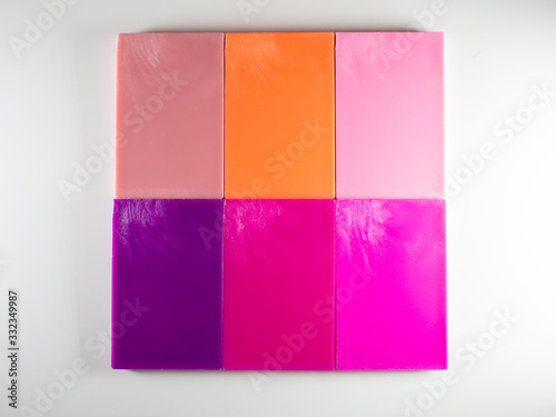 Plastic color swatches book. Sample colors catalogue for plastic products. Color Guide Book. Color palette. Color shade chart. Shades on purple and pink