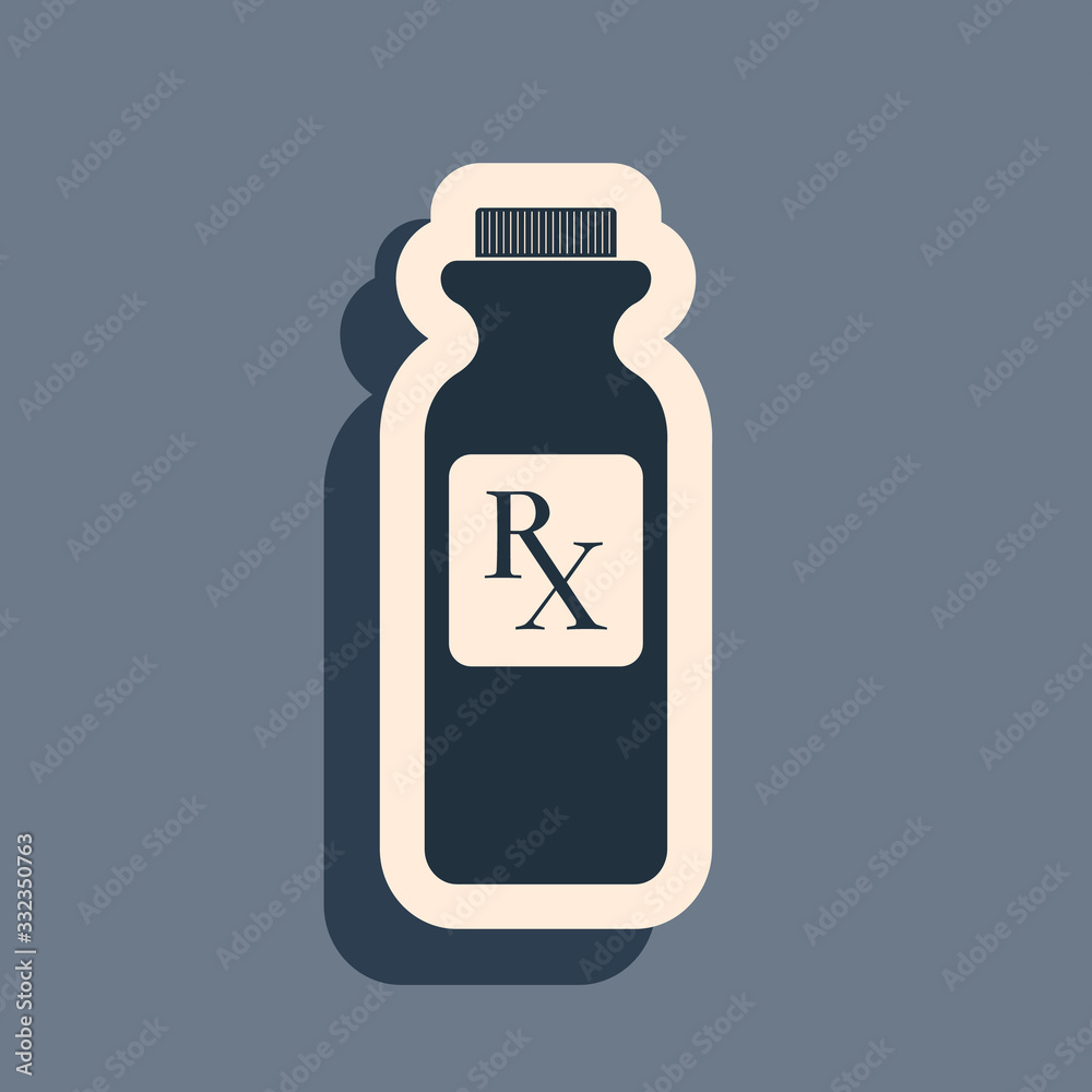 Black Pill bottle with Rx sign and pills icon isolated on grey background. Pharmacy design. Rx as a prescription symbol on drug medicine bottle. Long shadow style. Vector Illustration Black Pill bottle with Rx sign and pills icon isolated on grey background. Pharmacy design. Rx as a prescription symbol on drug medicine bottle. Long shadow style. Vector Illustration