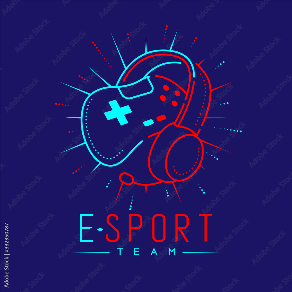 Esport streamer logo icon outline stroke, Joypad or Controller gaming gear with headphones, microphone and radius design isolated on blue background with Esport Team text and copy space, vector