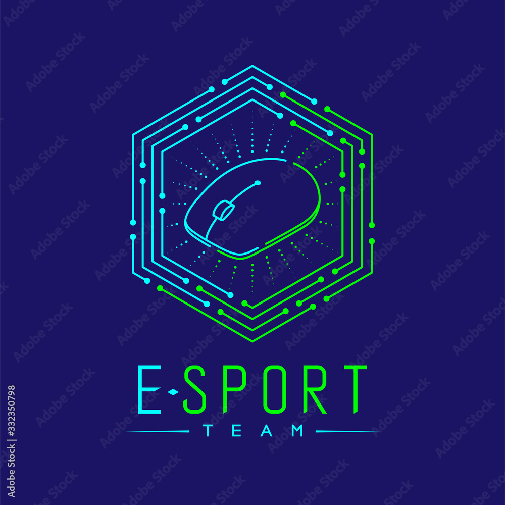 Esport logo icon outline stroke in hexagon frame, mouse gaming gear design illustration isolated on dark blue background with Esport Team text and copy space, vector eps 10