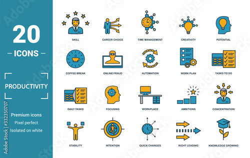 Productivity icon set. Include creative elements skill, time management, coffee break, work plan, daily tasks icons. Can be used for report, presentation, diagram, web design