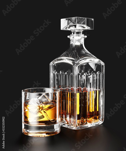 Bottle of whiskey and ice in glass on black background 3d