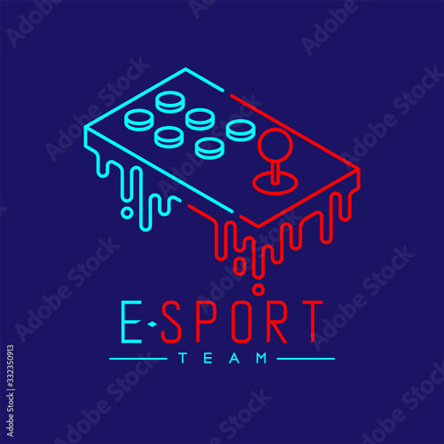 Esport logo icon outline stroke, Arcade fighting gaming gear stick melt design illustration isolated on dark blue background with Esport Team text and copy space, vector eps 10