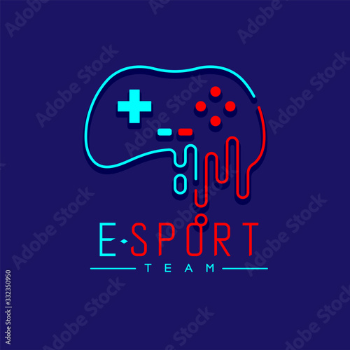 Esport logo icon outline stroke, retro Joypad or Controller gaming gear melt design illustration isolated on dark blue background with Esport Team text and copy space, vector eps 10