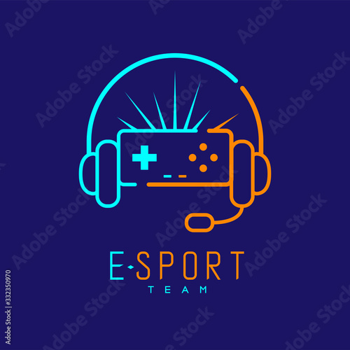 Esport streamer logo icon outline stroke, Joypad or Controller gaming gear with headphones, microphone and radius design isolated on blue background with Esport Team text and copy space, vector