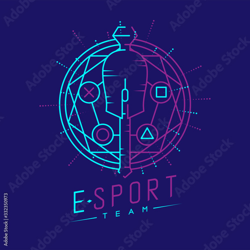 Esport logo icon outline stroke in magic circle frame, mouse gaming gear scepter magical design illustration isolated on dark blue background with Esport Team text and copy space, vector eps 10