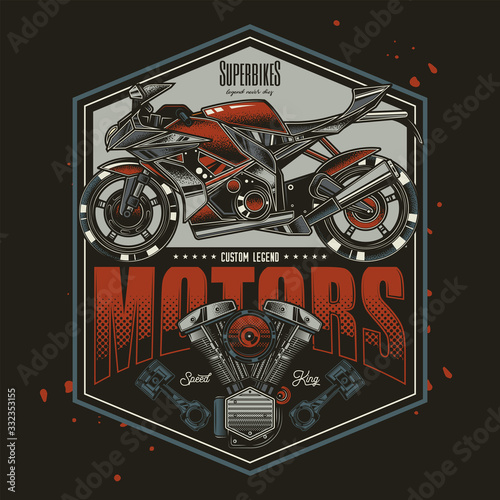 Original vector label in vintage style. The fastest motorcycle. Superbike.
