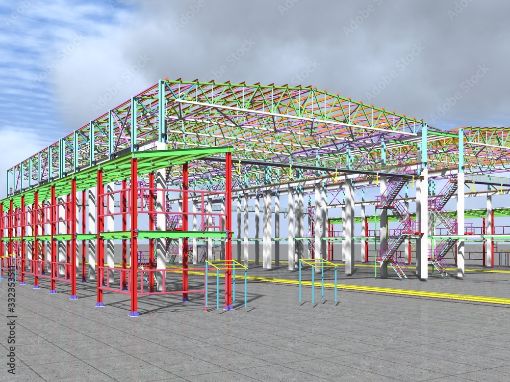 BIM-project of an industrial production frame of a building . 3D rendering. The structural model and drawings of the building were made by engineers. Structural engineering. BIM-project of an industrial production frame of a building . 3D rendering. The structural model and drawings of the building were made by engineers. Structural engineering.