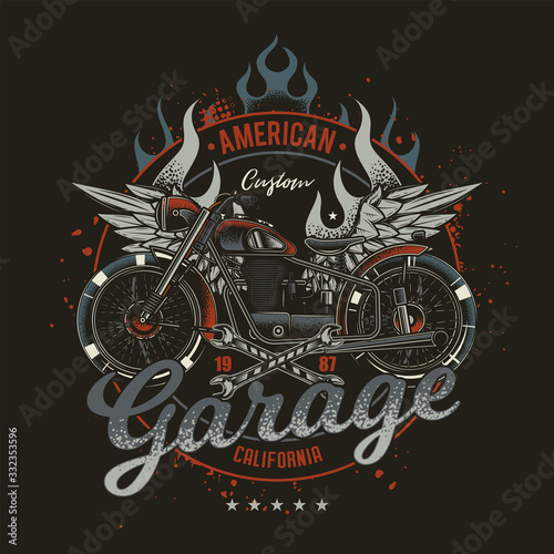Original vector emblem in vintage style. American custom motorcycle, with wings and fire on the background.