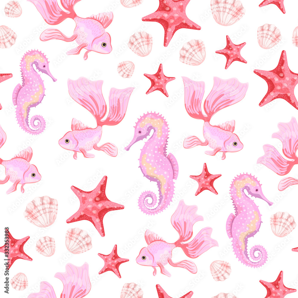 Goldfish, Red starfish, pink shells and Sea Horse. Seamless pattern with the image of fish. Imitation of watercolor. Isolated illustration.