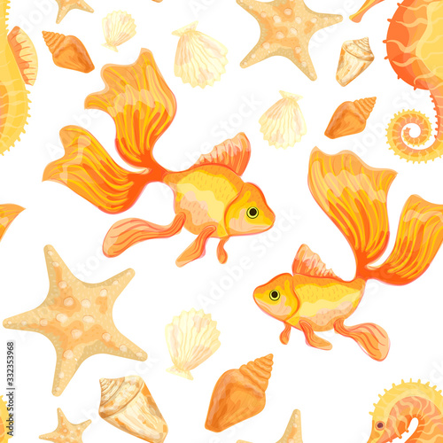 Goldfish, starfish, shells and Sea Horse. Seamless pattern with the image of fish. Imitation of watercolor. Isolated illustration.